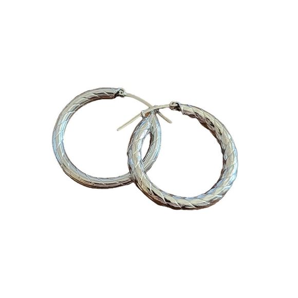 Vintage 925 Italian Sterling Silver 1" Etched Hoop Pierced Earrings Locking Post - Picture 1 of 4